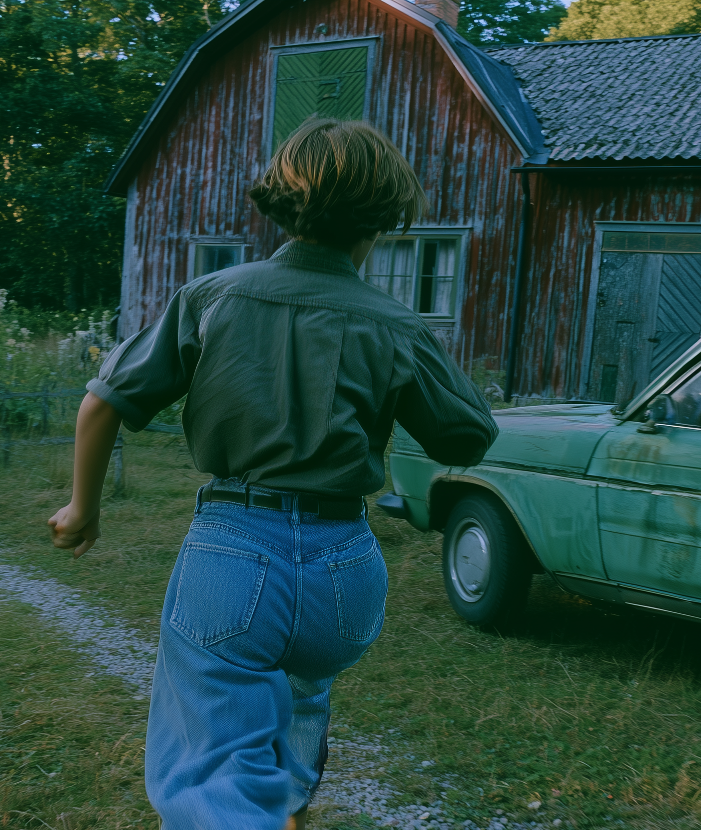 AI-genererad bild av person med kort hår, beige skjorta och jeans som springer mot en gammal bil. I bakgrunden syns en nedgången lada och grönska.
